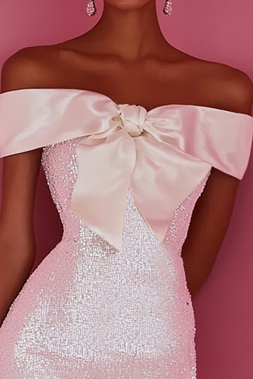 Sequin White Off The Shoulder Bow Short Graduation Dress